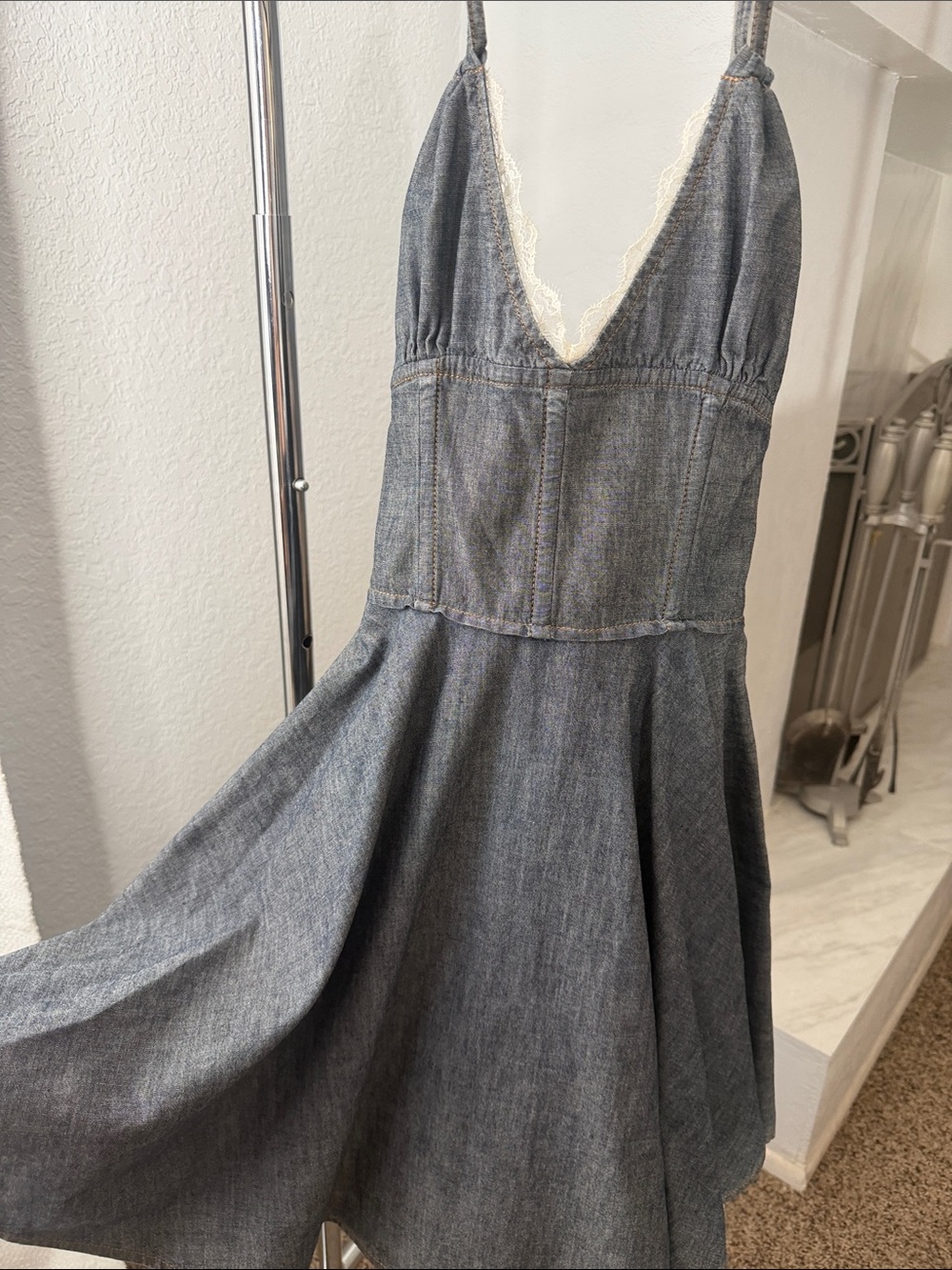 Dolce & Gabbana Denim-Style Gray Slip Dress with Lace Trim